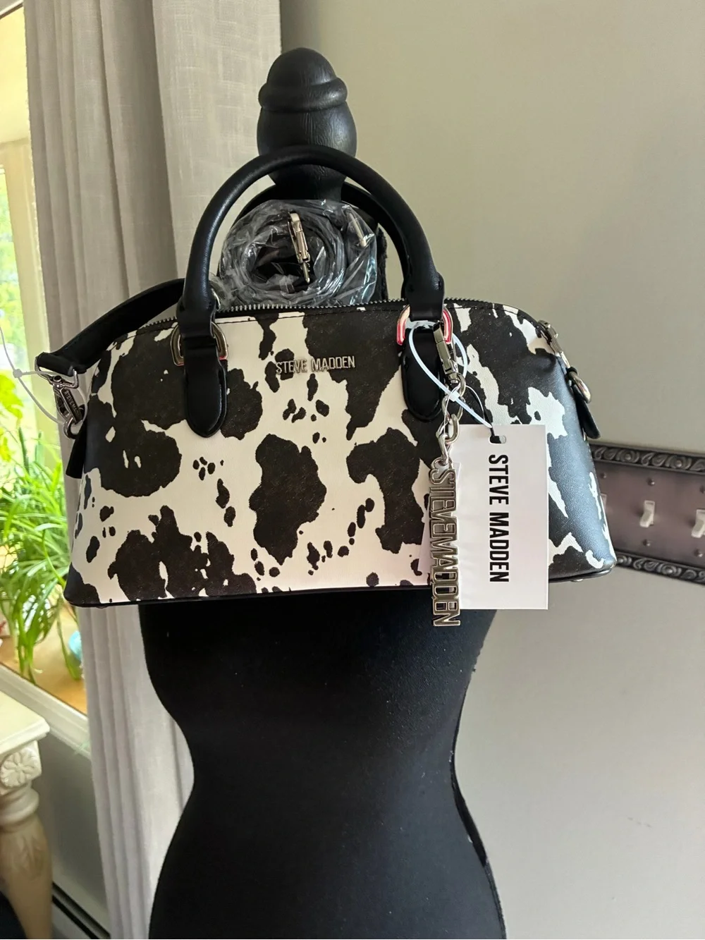 Steve Madden Black & White Cowprint Dome Satchel Or Crossbody